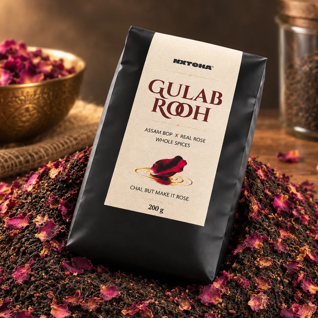NXTCHA Gulab Rooh Assam BOP Tea with Real Rose Petals, 200 g